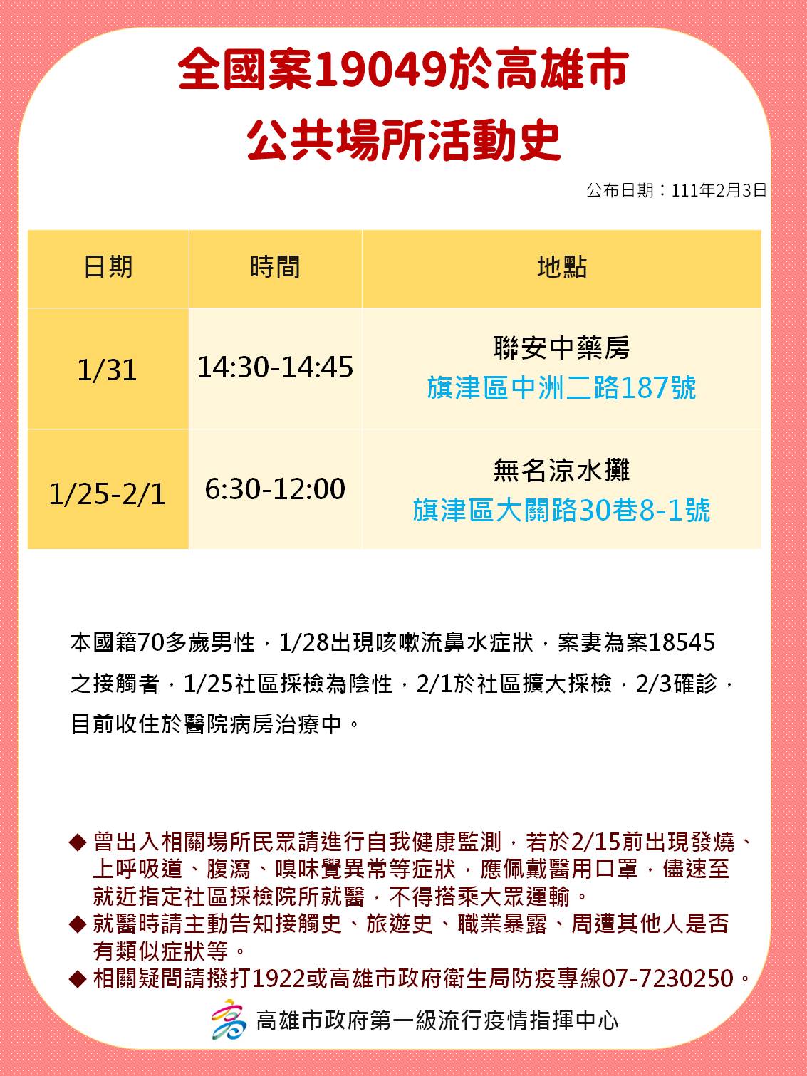 全國案19049於高雄市公共場所活動史。（圖／高雄市政府）