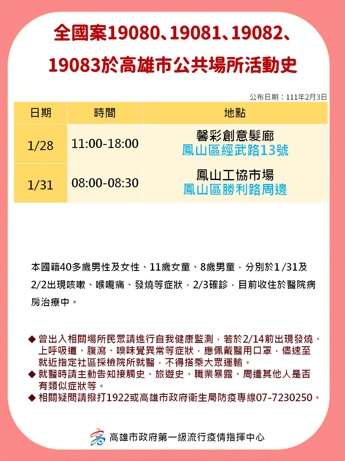 全國案19080、19081、19082、19083於高雄市公共場所活動史。（圖／高雄市政府）