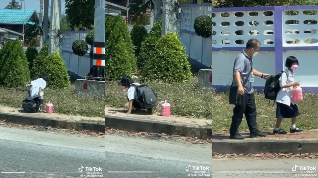 女童因書包太重而跌坐路邊。（圖／翻攝自nurulkerani抖音）