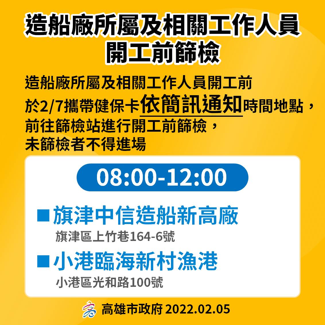 造船廠所屬及相關工作人員開工前篩檢。(圖/高雄市政府)