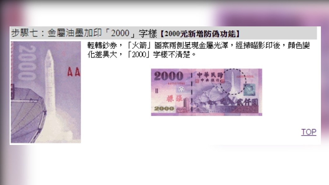 步驟七：金屬油墨加印「2000」字樣。（圖／翻攝自央行官網）