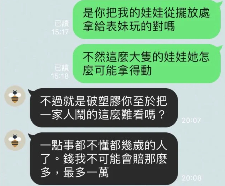 姑姑一開始只願意賠償1萬元。(圖/翻攝自Dcard)