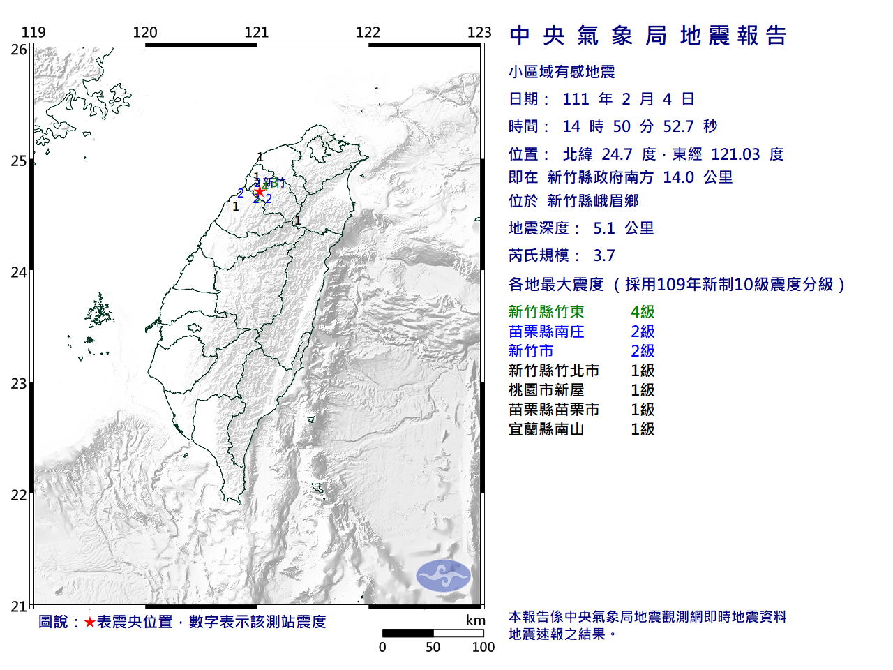 新竹縣峨眉鄉4日發生10起地震，最大規模3.7。（圖／中央氣象局）
