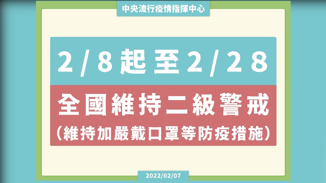 2/8起至2/28全國維持二級警戒。(圖/中央流行疫情指揮中心)