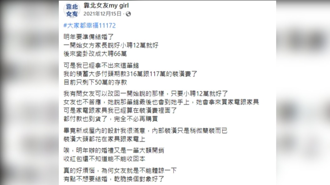 準新郎發文抱怨女方。（圖／翻攝自靠北女友my girl臉書）