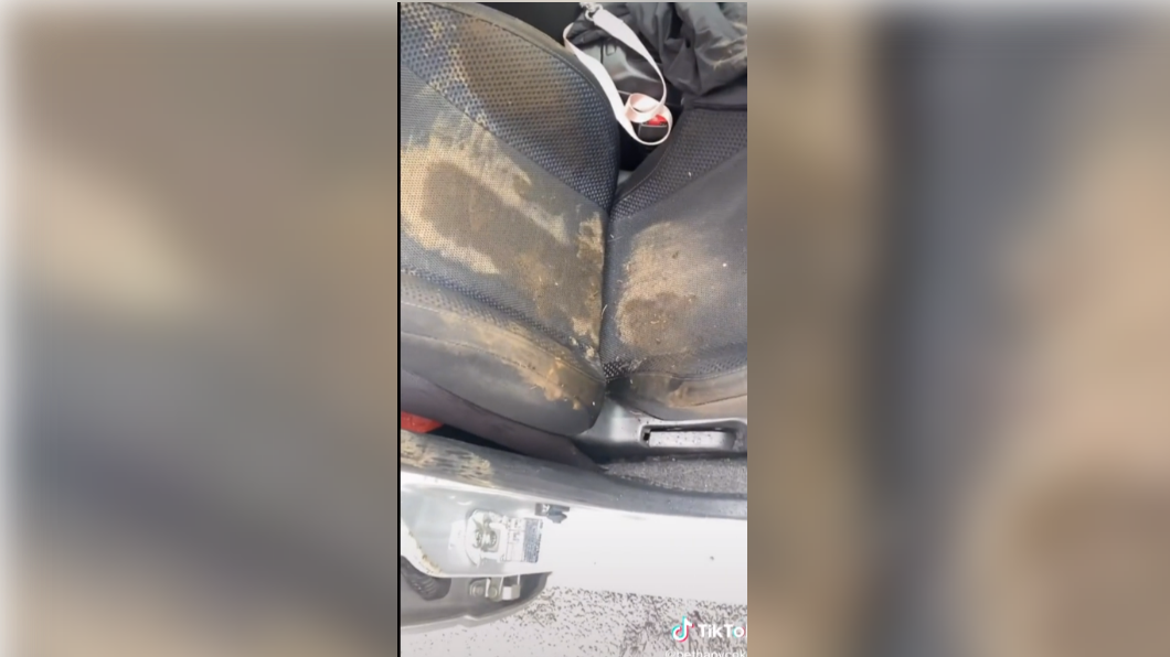 寇克曾上傳汽車座椅佈滿泥濘的影片,猜測有流浪漢在她車上待了一晚。(圖/翻攝自@bethanycoker TikTok)