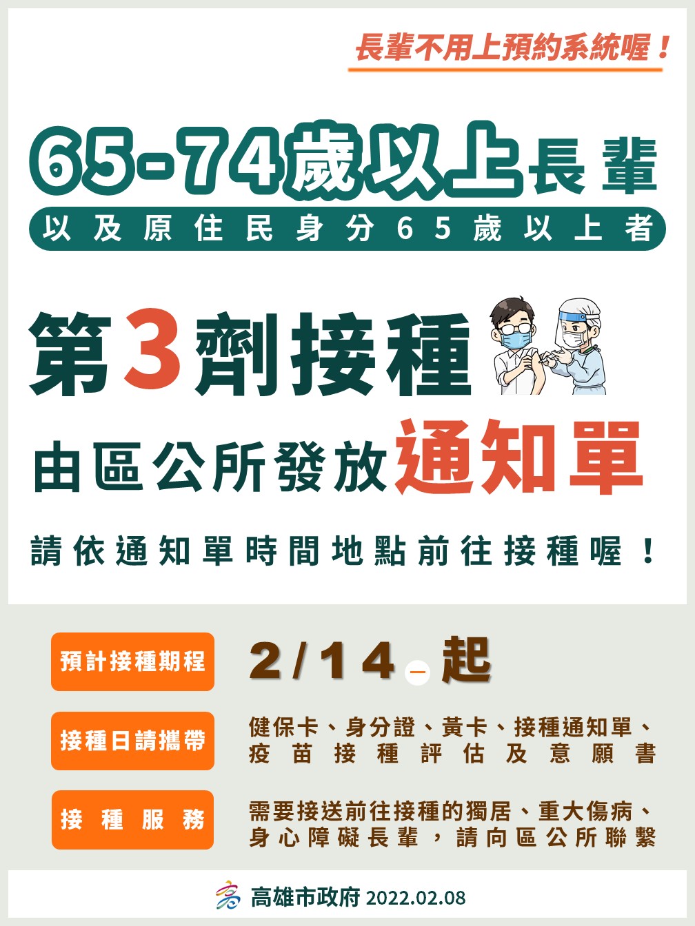 65-74歲以上長輩以及原住民身分65歲以上者第3劑接種通知單。(圖/高雄市政府)