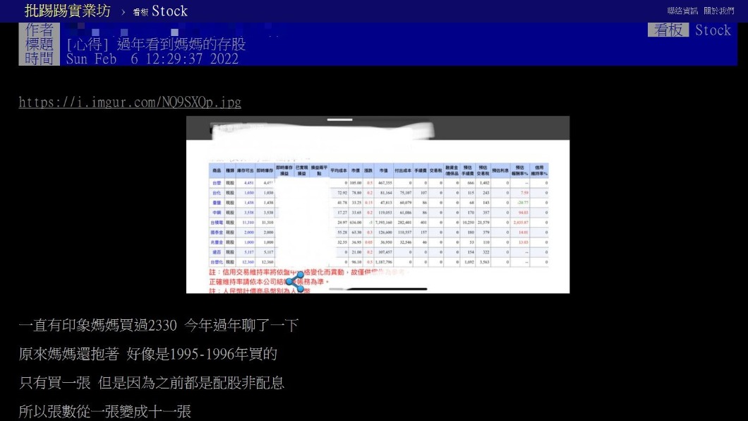 一名網友分享媽媽的股票對帳單。(圖/翻攝自PTT)