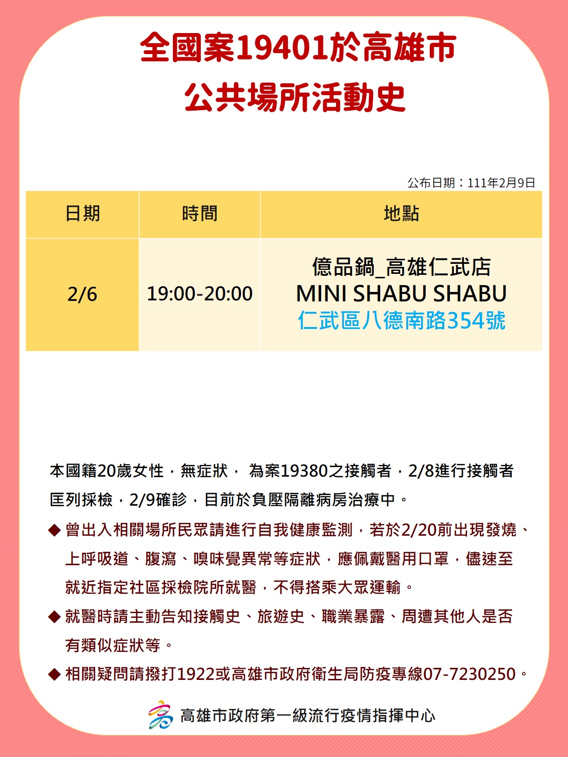 全國案19401於高雄市公共場所活動史。(圖/高雄市政府)