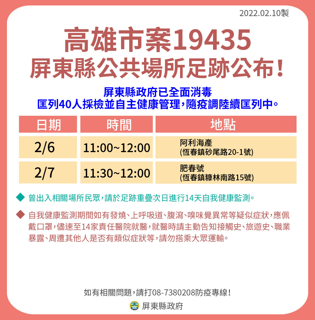 高雄市案19435屏東縣公共場所足跡公布。（圖／屏東縣政府）