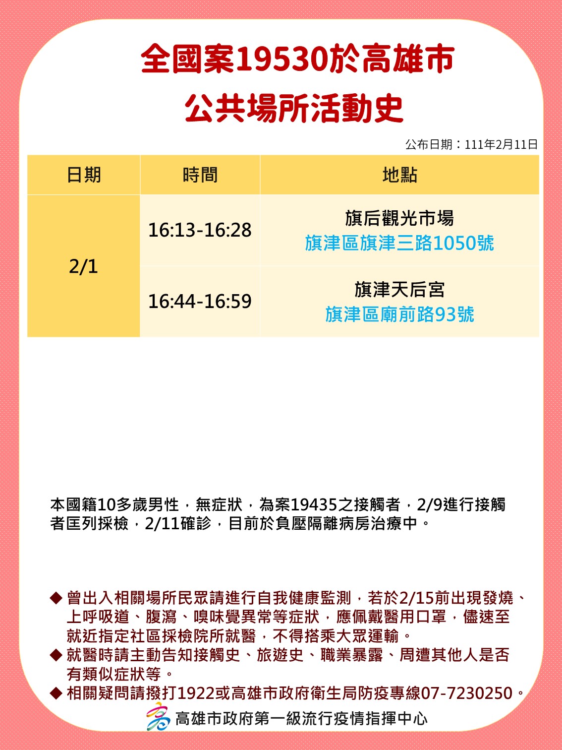 全國案19530於高雄市公共場所活動史。(圖/高雄市府)