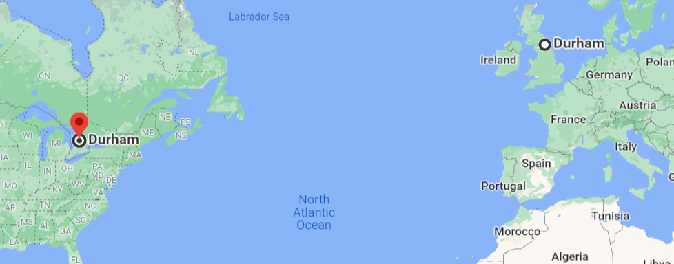 加拿大杜倫與英國杜倫相差約5400公里。(圖/翻攝自Google Map)