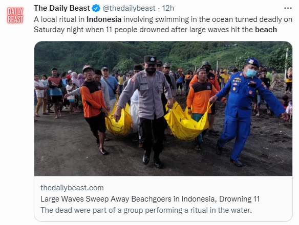 神秘團體在海邊冥想，有10人因此被捲走喪生、1人失蹤。（圖／翻攝自@thedailybeast推特）