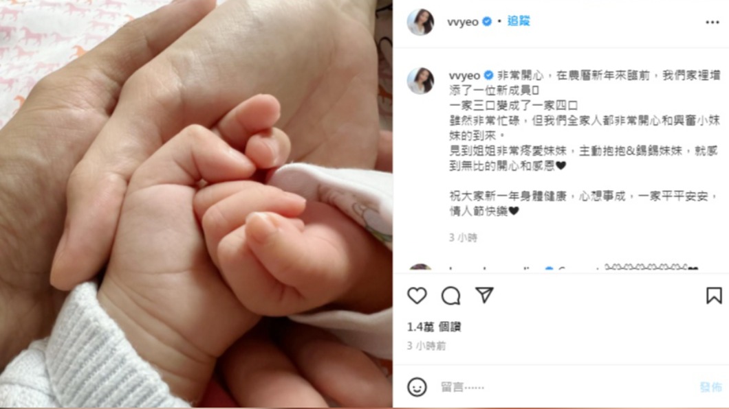 楊秀惠宣布生下第二胎。（圖／翻攝自vvyeo IG）