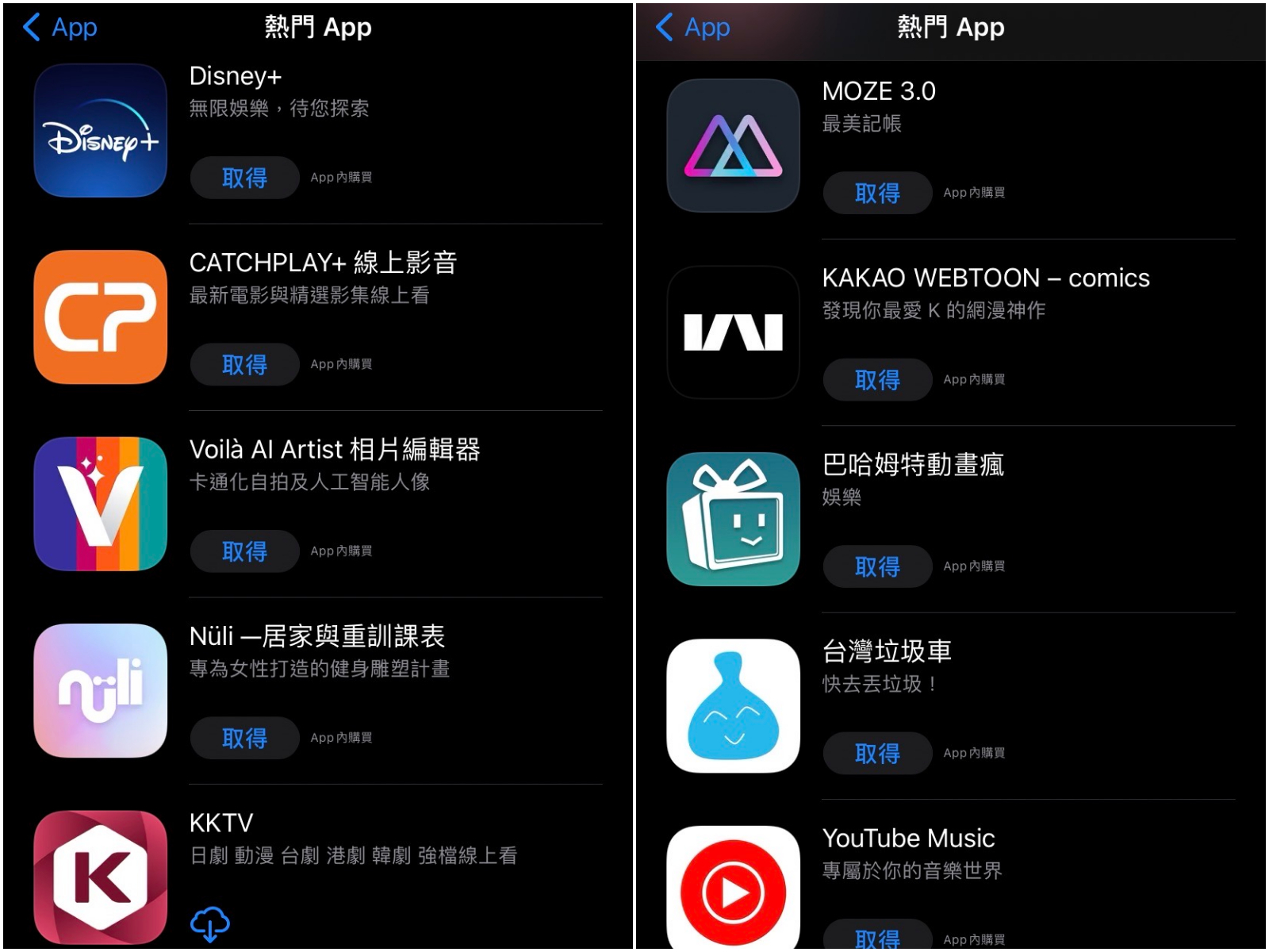 iOS系統綜合熱門APP前十名,一樣見不到臉書和IG的存在。(圖/翻攝自APP Store)