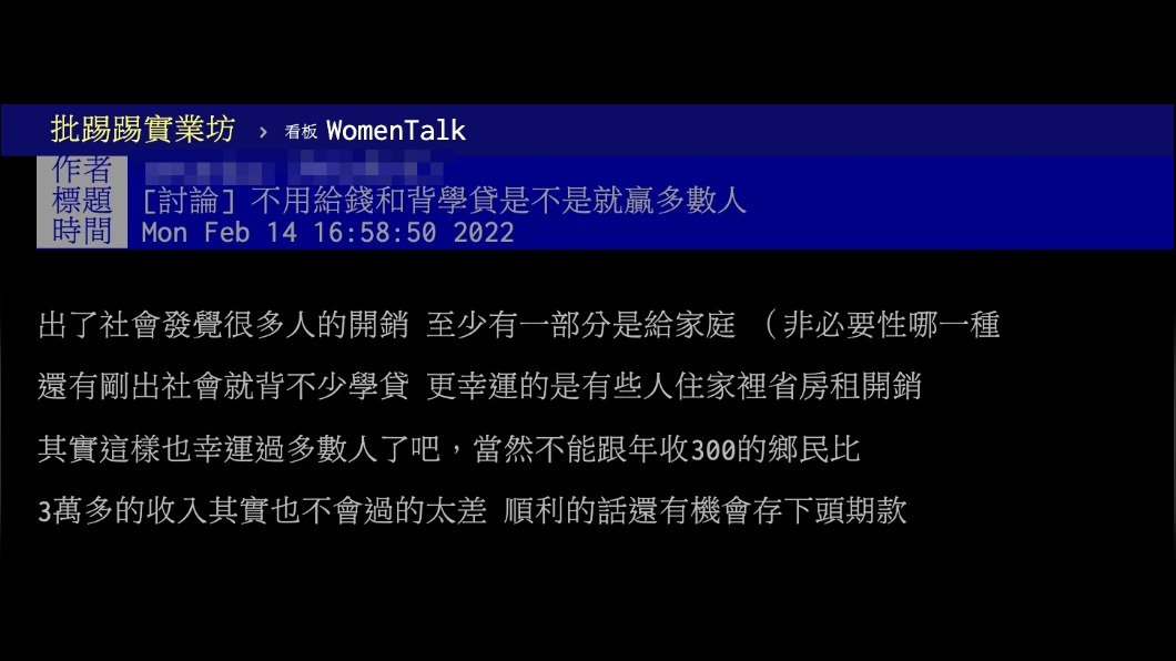 原PO詢問不用背學貸在出社會後是否輕鬆許多。（圖／翻攝自PTT）