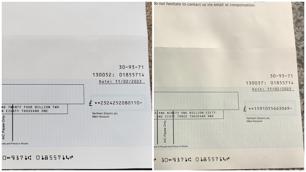 有民眾先後分享自己收到2.3兆和1.5兆英鎊的賠償金支票。(合成圖/翻攝自推特Gareth Hughes@gh230277和Dominic Barnes@hawksteel1608)