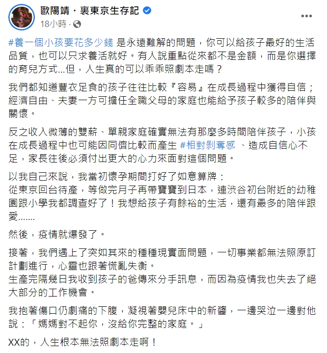 歐陽靖目前獨自一人撫養兒子。(圖/翻攝自歐陽靖臉書)