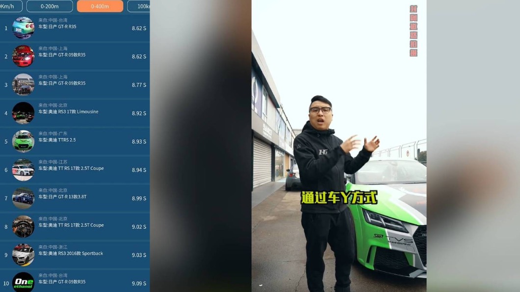 楊永杰總能找到一些理由讓自己有台階下，並且總是以自己的TT RS用車涯P-Gear設備紀錄跑出來的8.93秒成績來說嘴。（圖／翻攝自抖音）