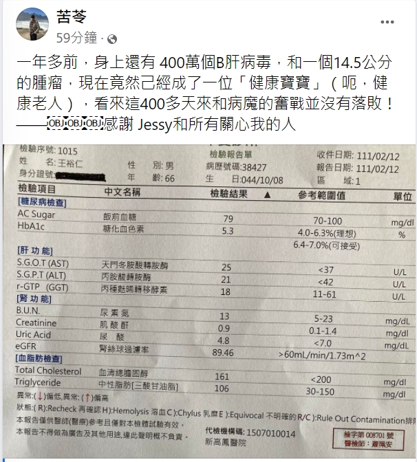 苦苓公開最新健檢報告。（圖／翻攝自苦苓臉書）