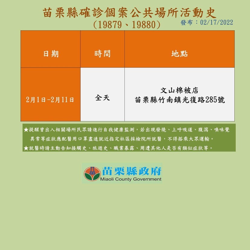 苗栗縣確診個案公共場所活動史。（圖／苗栗縣政府）