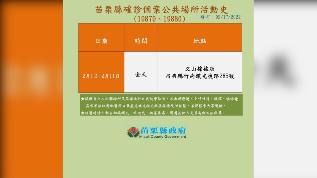 苗栗竹南家庭群聚再+2 確診公婆曾至文山棉被店