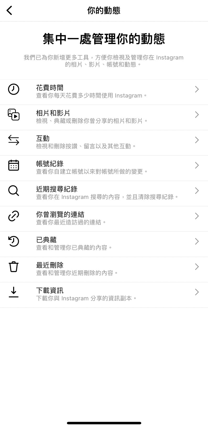 紀錄花費時間、相片和影片、互動、帳號紀錄、近期搜尋紀錄、你曾經瀏覽的連結、已典藏、最近刪除、下載資訊。(圖/翻攝自Instagram)