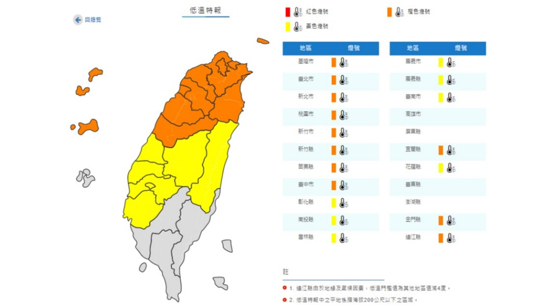18縣市發布低溫特報。（圖／中央氣象局）
