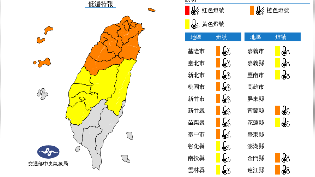 18縣市今（19）日發布低溫特報。（圖／氣象局）
