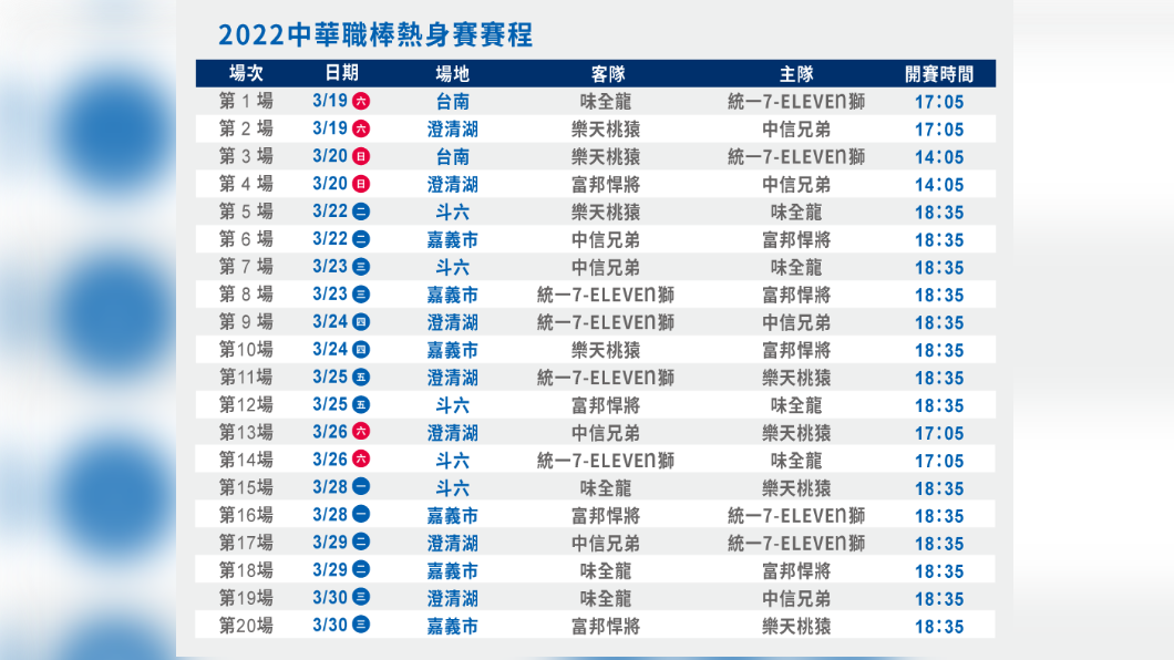 中華職棒熱身賽賽程。(圖/翻攝自CPBL 中華職棒臉書)