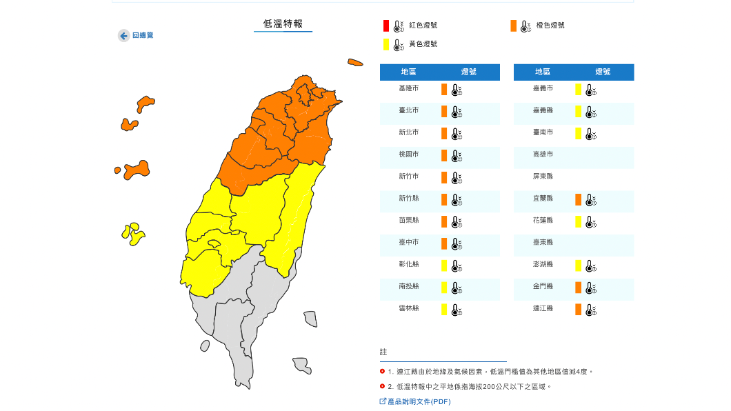 氣象局發布低溫特報。(圖/翻攝中央氣象局網站)
