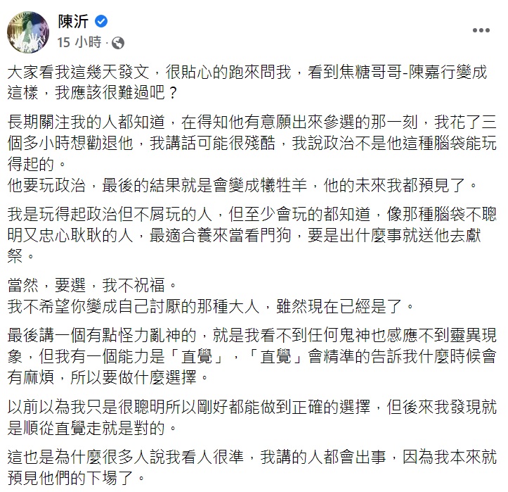 陳沂透露,她曾經勸退陳嘉行。(圖/翻攝自陳沂臉書)