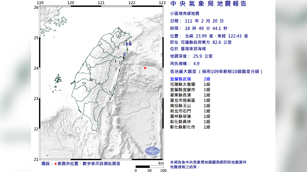 18:49東部外海規模4.9地震! 北部地區明顯搖晃