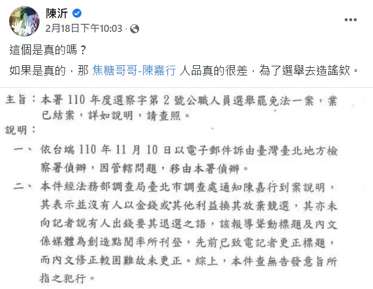 陳沂質疑陳嘉行為選舉造謠。(圖/翻攝自陳沂臉書)