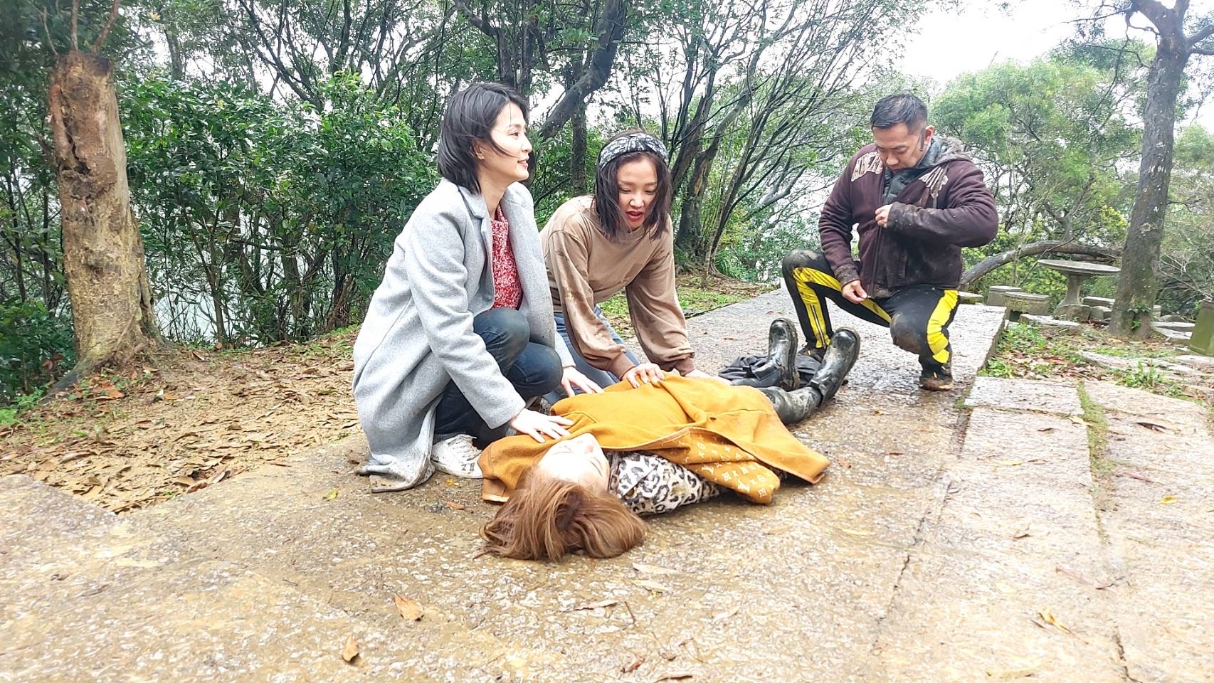 劇中，江俊翰、楚宣跟賴慧如救援摔落山坡的苗真。（圖／民視提供）