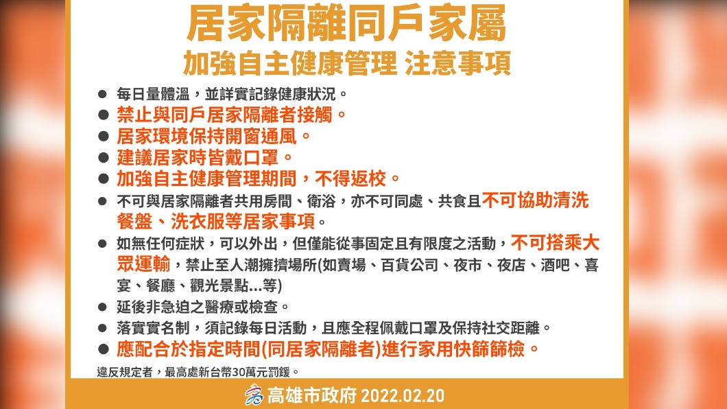 居家隔離同戶家屬注意事項。(圖/高雄市政府)