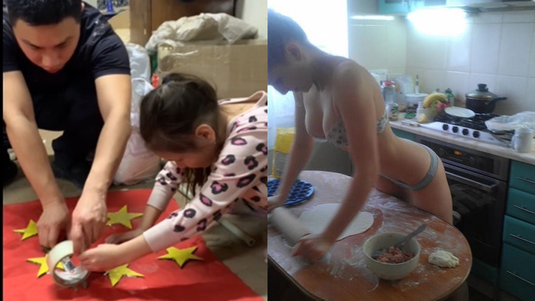 梅愛偲自製五星旗保命(左);昔曬辣妻爆乳包餃子照。(圖/翻攝自梅愛偲微博)