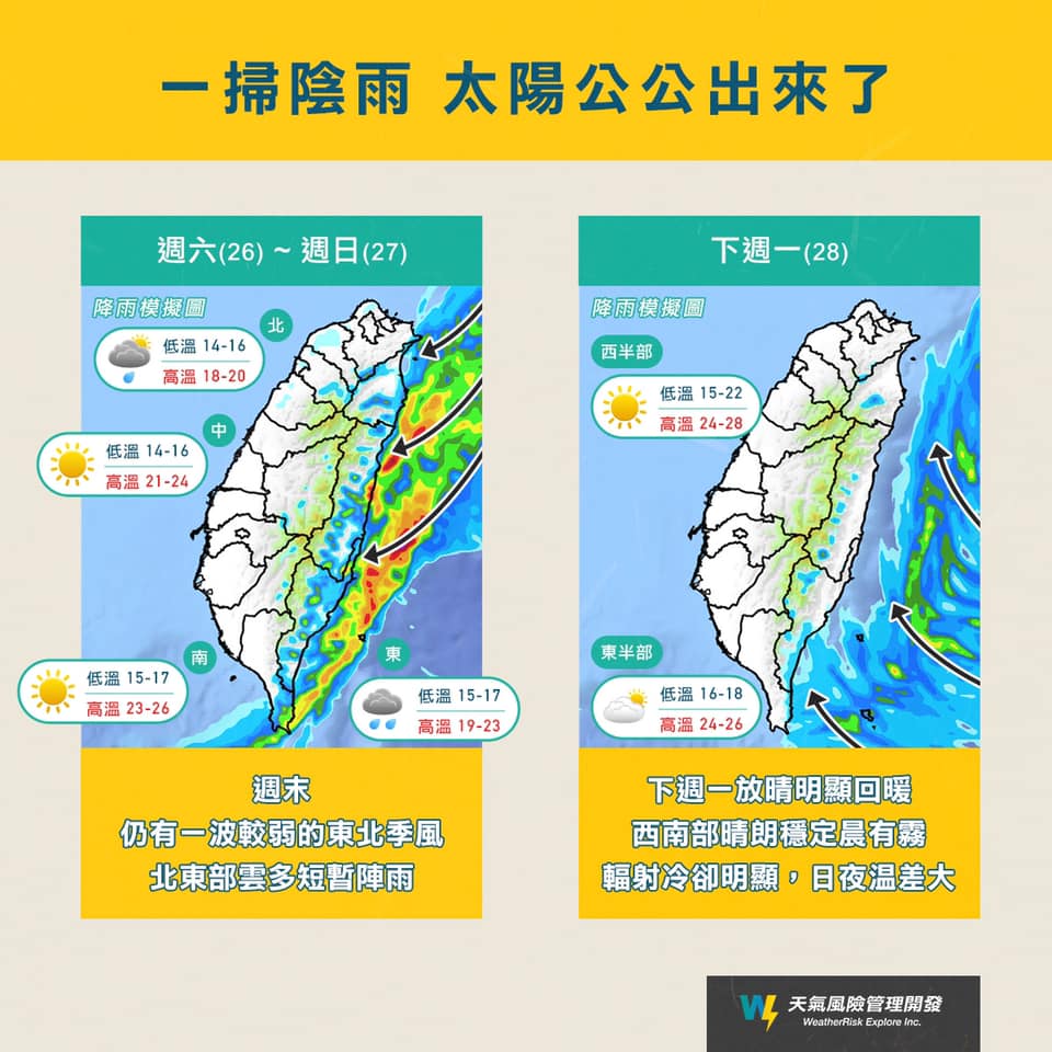 連假終於一掃陰雨。(圖/翻攝自天氣風險WeatherRisk臉書)