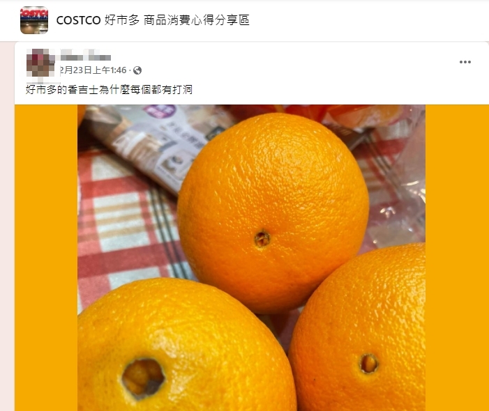 網友不解水果為何被打洞。(圖/翻攝自臉書社團《COSTCO 好市多 商品消費心得分享區》)
