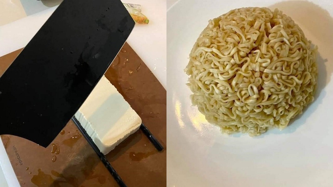 原PO把豆腐切成菊花狀，泡麵倒在盤子後鋪上蛋皮。（圖／翻攝自爆料公社）