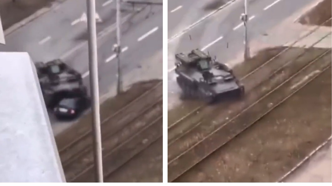 驚悚!烏克蘭街頭驚現裝甲車 直接輾過民眾駕駛轎車