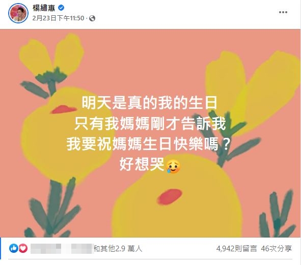 楊繡惠聽到媽媽說生日快樂,直言當下很想哭。(圖/翻攝自楊繡惠臉書)