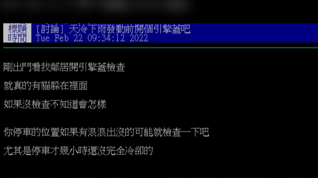 網友分享他打開引擎蓋竟然有貓躲在裡面。(圖/翻攝自PTT)