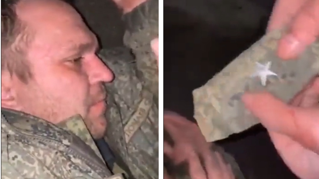 據傳烏克蘭軍隊捕獲一名俄羅斯少校,還拔下他的軍階。(圖/翻攝自Militarylandnet 推特)