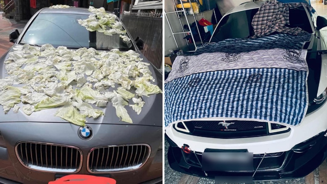 不少苦主紛紛PO出愛車上被曬滿蔬菜及衣服的畫面。(圖/翻攝自爆廢公社)