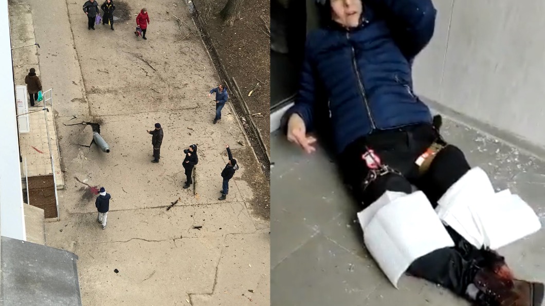 哈爾科夫遭數十枚飛彈轟炸,一名婦人遭炸斷腿後身亡。(圖/翻攝@lukeharding1968、@of_stepan Twitter)