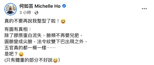 何如芸澄清沒有整型。(圖/翻攝自何如芸Facebook)