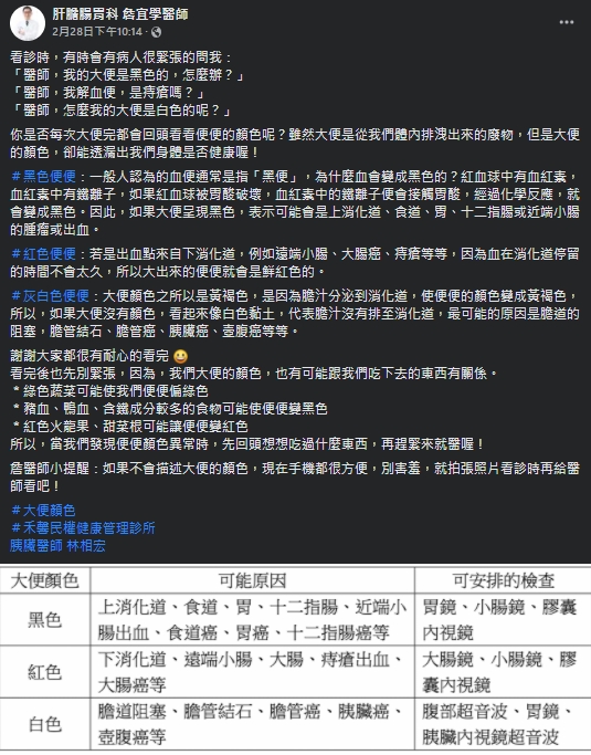 詹宜學指出三種不同顏色的糞便,可能代表的身體狀況。(圖/翻攝自肝膽腸胃科詹宜學醫師臉書)