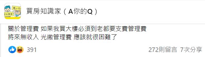 民眾認為,買大樓到老都要付管理費很為難。(圖/翻攝自買房知識家A你的Q臉書)