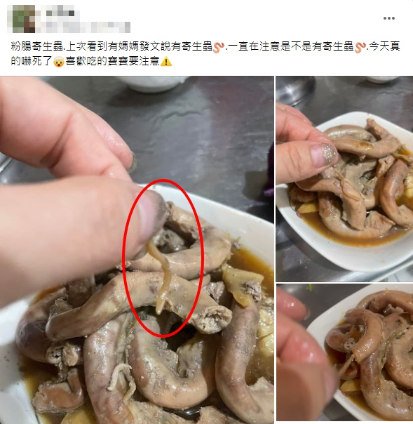 女網友在粉腸中，徒手拉出一條寄生蟲。（圖／翻攝自臉書社團「家常菜」）